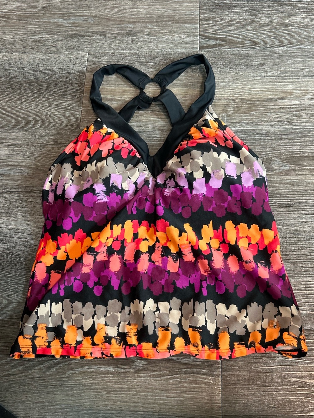 Merona Black Multi-Color Printed Tankini Top